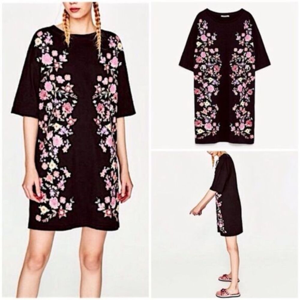 Zara Trafaluc Black Floral T-Shirt Dress Small